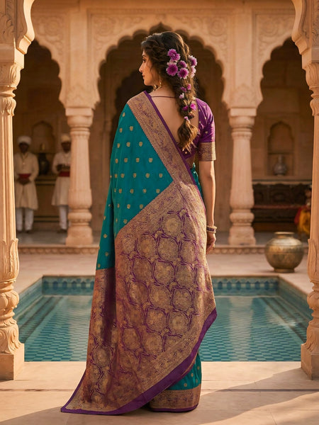 Women's Teal Green Woven Saree with Gold Zari Butti, Purple Border & Rich Designer Pallu