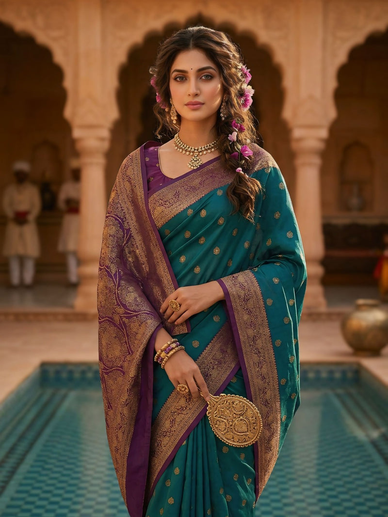 Women's Teal Green Woven Saree with Gold Zari Butti, Purple Border & Rich Designer Pallu