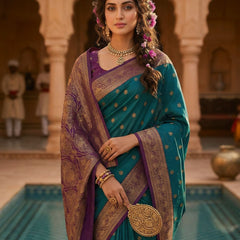 Women's Teal Green Woven Saree with Gold Zari Butti, Purple Border & Rich Designer Pallu