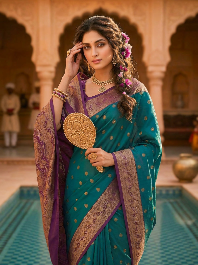 Women's Teal Green Woven Saree with Gold Zari Butti, Purple Border & Rich Designer Pallu