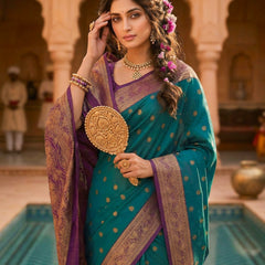 Women's Teal Green Woven Saree with Gold Zari Butti, Purple Border & Rich Designer Pallu