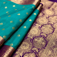 Women's Teal Green Woven Saree with Gold Zari Butti, Purple Border & Rich Designer Pallu