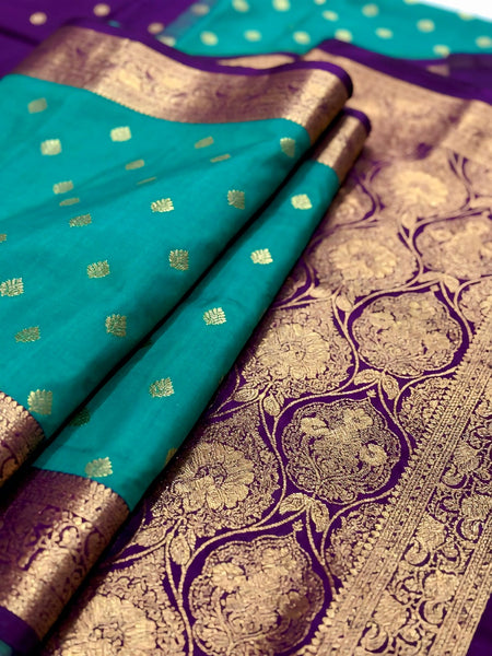 Women's Teal Green Woven Saree with Gold Zari Butti, Purple Border & Rich Designer Pallu