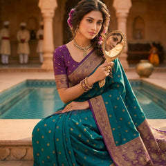 Women's Teal Green Woven Saree with Gold Zari Butti, Purple Border & Rich Designer Pallu