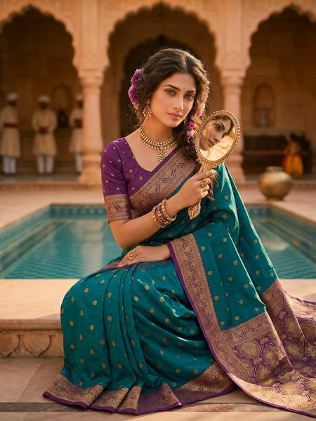 Women's Teal Green Woven Saree with Gold Zari Butti, Purple Border & Rich Designer Pallu