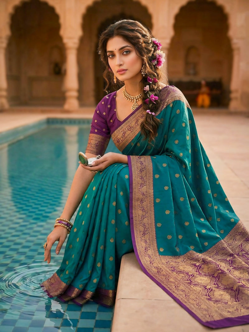 Women's Teal Green Woven Saree with Gold Zari Butti, Purple Border & Rich Designer Pallu