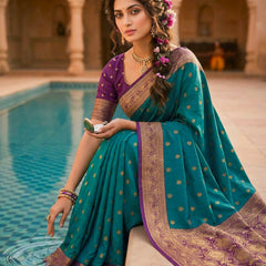Women's Teal Green Woven Saree with Gold Zari Butti, Purple Border & Rich Designer Pallu