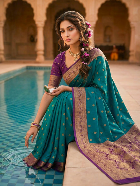 Women's Teal Green Woven Saree with Gold Zari Butti, Purple Border & Rich Designer Pallu