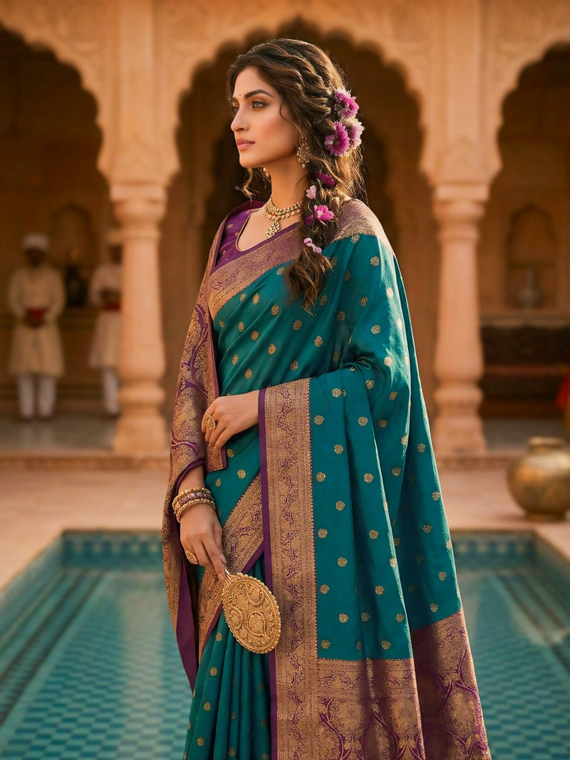 Women's Teal Green Woven Saree with Gold Zari Butti, Purple Border & Rich Designer Pallu