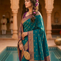 Women's Teal Green Woven Saree with Gold Zari Butti, Purple Border & Rich Designer Pallu