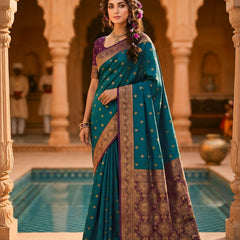 Women's Teal Green Woven Saree with Gold Zari Butti, Purple Border & Rich Designer Pallu