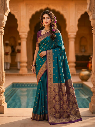 Women's Teal Green Woven Saree with Gold Zari Butti, Purple Border & Rich Designer Pallu