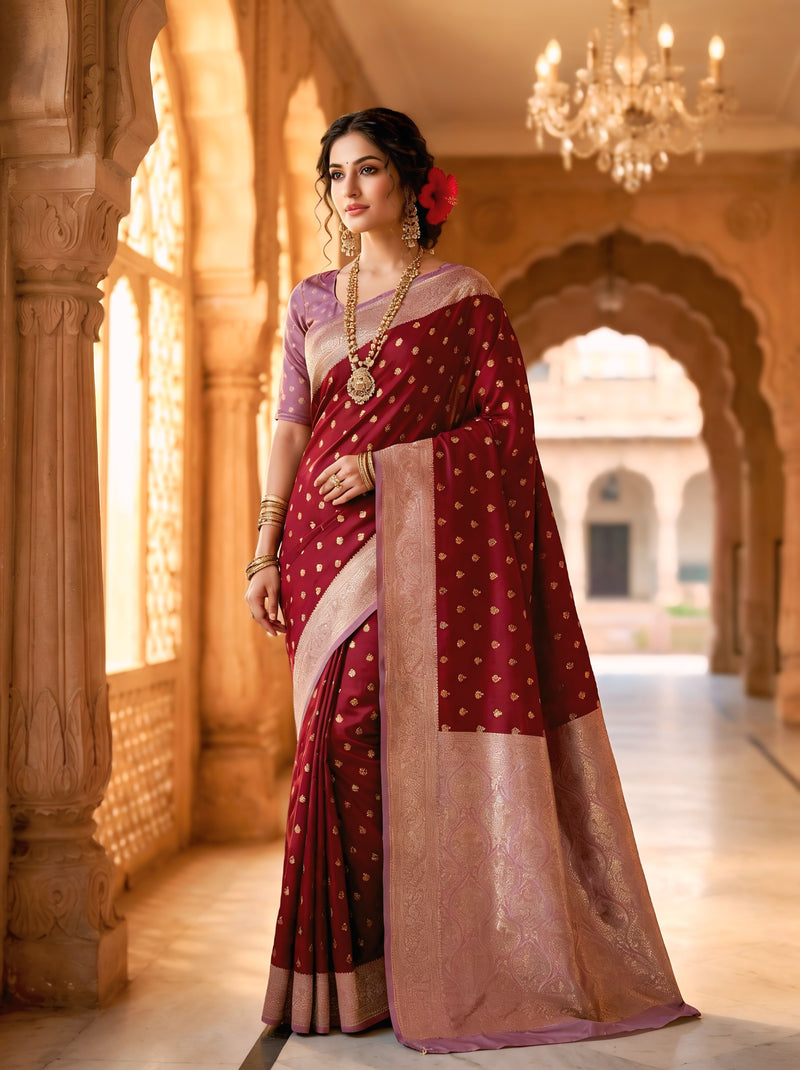 Women's Maroon Jacquard Woven Saree with Gold Zari Butti, Lavender Border & Rich Woven Pallu