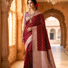 Women's Maroon Jacquard Woven Saree with Gold Zari Butti, Lavender Border & Rich Woven Pallu