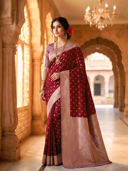 Women's Maroon Jacquard Woven Saree with Gold Zari Butti, Lavender Border & Rich Woven Pallu