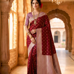 Women's Maroon Jacquard Woven Saree with Gold Zari Butti, Lavender Border & Rich Woven Pallu