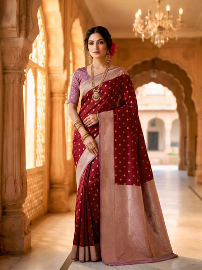 Women's Maroon Jacquard Woven Saree with Gold Zari Butti, Lavender Border & Rich Woven Pallu