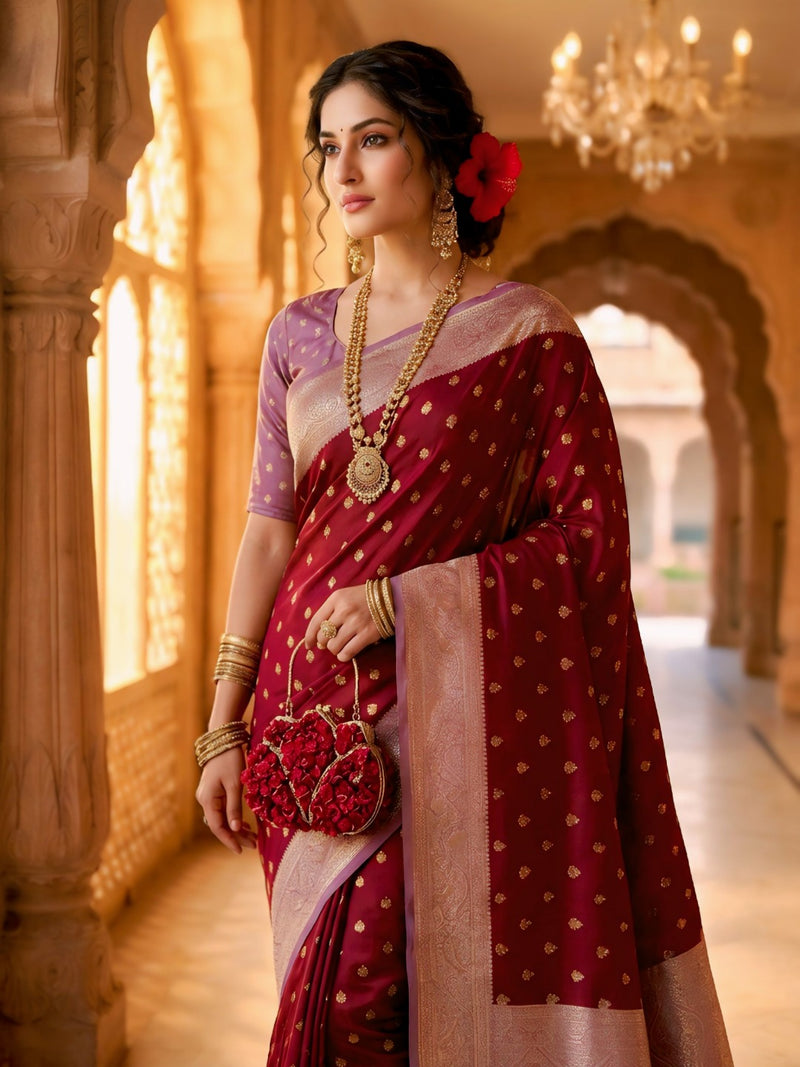 Women's Maroon Jacquard Woven Saree with Gold Zari Butti, Lavender Border & Rich Woven Pallu