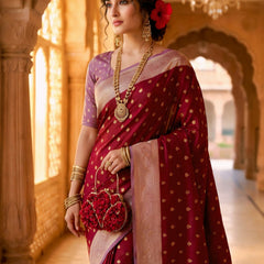 Women's Maroon Jacquard Woven Saree with Gold Zari Butti, Lavender Border & Rich Woven Pallu