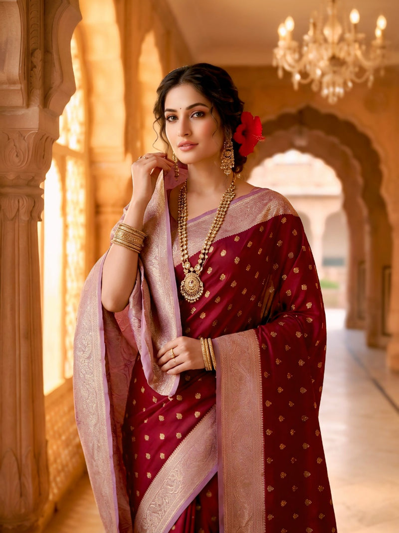 Women's Maroon Jacquard Woven Saree with Gold Zari Butti, Lavender Border & Rich Woven Pallu