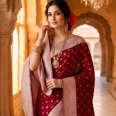 Women's Maroon Jacquard Woven Saree with Gold Zari Butti, Lavender Border & Rich Woven Pallu