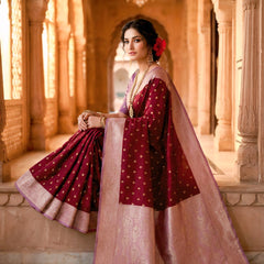 Women's Maroon Jacquard Woven Saree with Gold Zari Butti, Lavender Border & Rich Woven Pallu