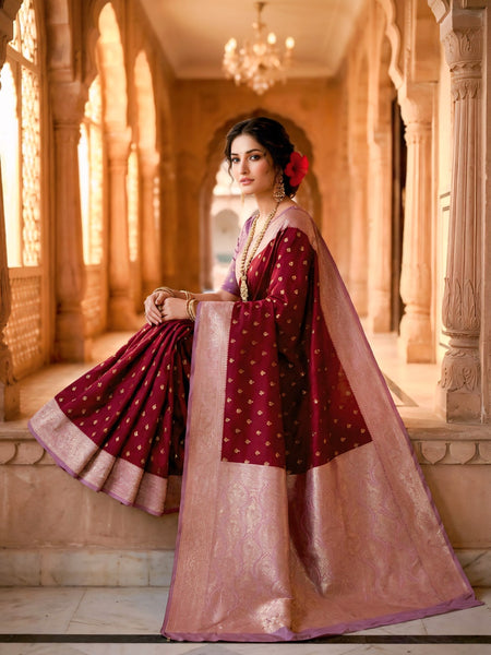 Women's Maroon Jacquard Woven Saree with Gold Zari Butti, Lavender Border & Rich Woven Pallu
