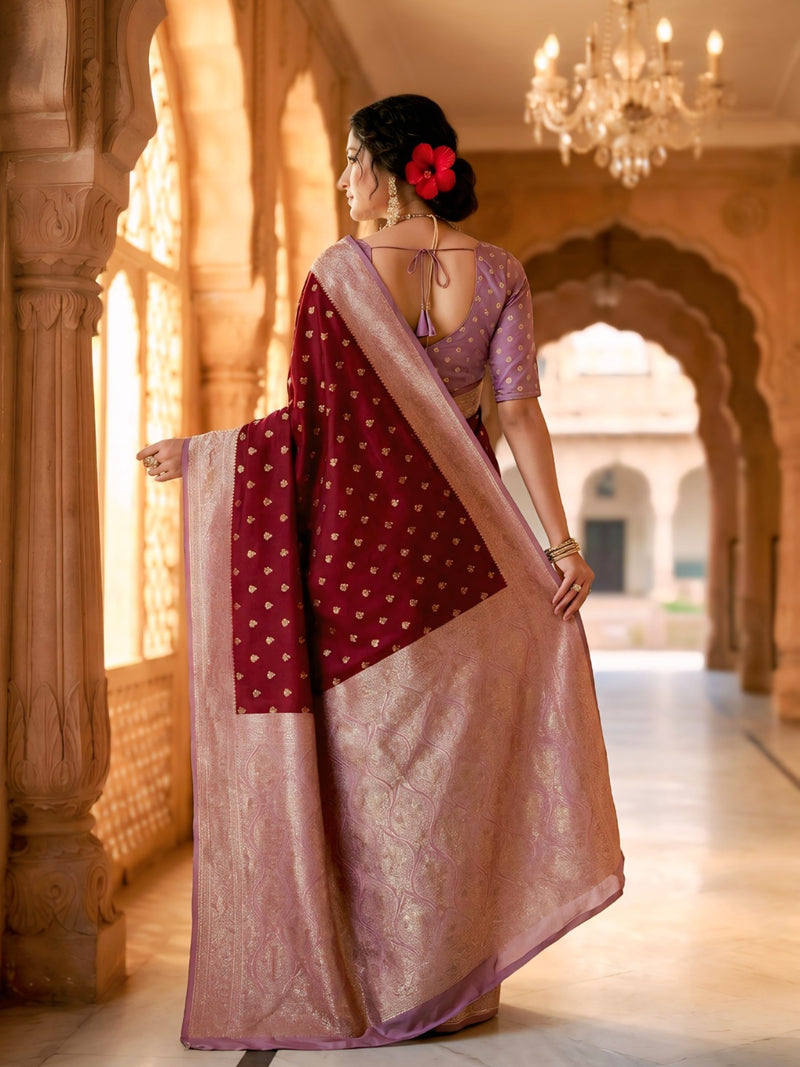 Women's Maroon Jacquard Woven Saree with Gold Zari Butti, Lavender Border & Rich Woven Pallu