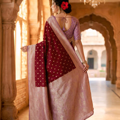 Women's Maroon Jacquard Woven Saree with Gold Zari Butti, Lavender Border & Rich Woven Pallu