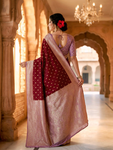 Women's Maroon Jacquard Woven Saree with Gold Zari Butti, Lavender Border & Rich Woven Pallu