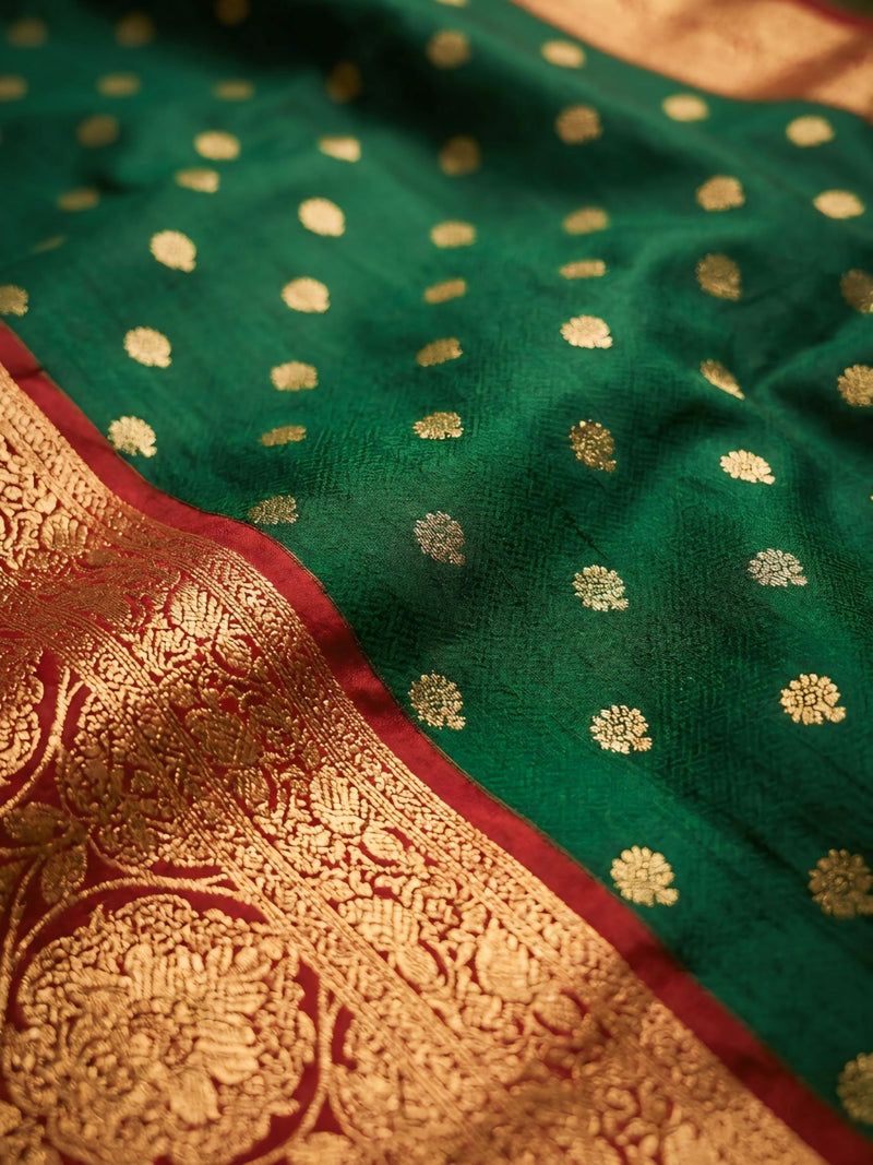 Women's Bottle Green Jacquard Woven Saree with Gold Zari Butti, Red Border & Rich Designer Pallu
