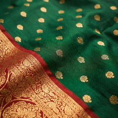 Women's Bottle Green Jacquard Woven Saree with Gold Zari Butti, Red Border & Rich Designer Pallu