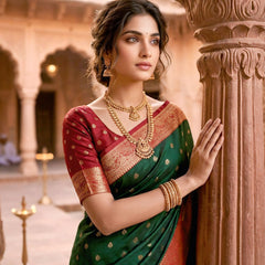 Women's Bottle Green Jacquard Woven Saree with Gold Zari Butti, Red Border & Rich Designer Pallu
