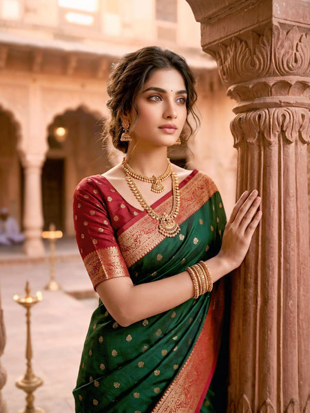Women's Bottle Green Jacquard Woven Saree with Gold Zari Butti, Red Border & Rich Designer Pallu