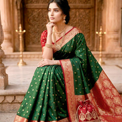 Women's Bottle Green Jacquard Woven Saree with Gold Zari Butti, Red Border & Rich Designer Pallu