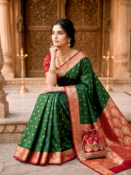 Women's Bottle Green Jacquard Woven Saree with Gold Zari Butti, Red Border & Rich Designer Pallu