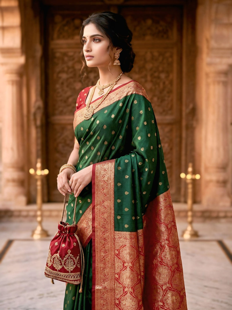Women's Bottle Green Jacquard Woven Saree with Gold Zari Butti, Red Border & Rich Designer Pallu