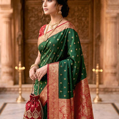 Women's Bottle Green Jacquard Woven Saree with Gold Zari Butti, Red Border & Rich Designer Pallu