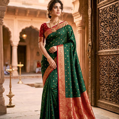 Women's Bottle Green Jacquard Woven Saree with Gold Zari Butti, Red Border & Rich Designer Pallu