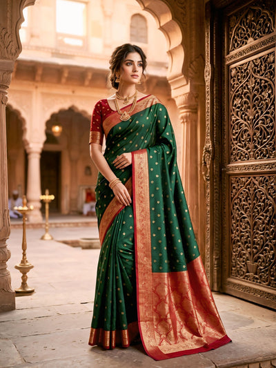 Women's Bottle Green Jacquard Woven Saree with Gold Zari Butti, Red Border & Rich Designer Pallu