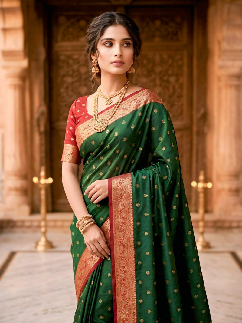 Women's Bottle Green Jacquard Woven Saree with Gold Zari Butti, Red Border & Rich Designer Pallu