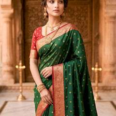 Women's Bottle Green Jacquard Woven Saree with Gold Zari Butti, Red Border & Rich Designer Pallu