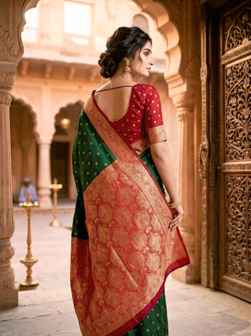Women's Bottle Green Jacquard Woven Saree with Gold Zari Butti, Red Border & Rich Designer Pallu