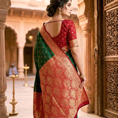 Women's Bottle Green Jacquard Woven Saree with Gold Zari Butti, Red Border & Rich Designer Pallu