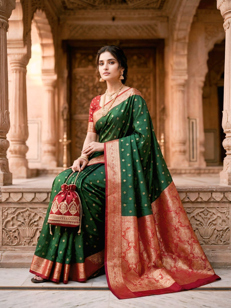 Women's Bottle Green Jacquard Woven Saree with Gold Zari Butti, Red Border & Rich Designer Pallu