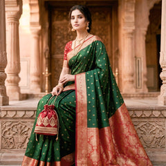 Women's Bottle Green Jacquard Woven Saree with Gold Zari Butti, Red Border & Rich Designer Pallu