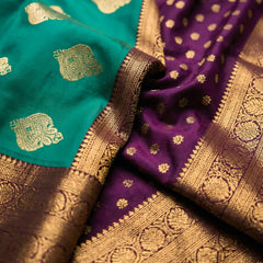 Emerald Green & Purple Jacquard Woven Saree with Gold Zari Motifs, Rich Border & Designer Pallu