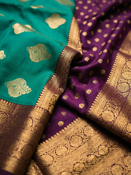 Emerald Green & Purple Jacquard Woven Saree with Gold Zari Motifs, Rich Border & Designer Pallu