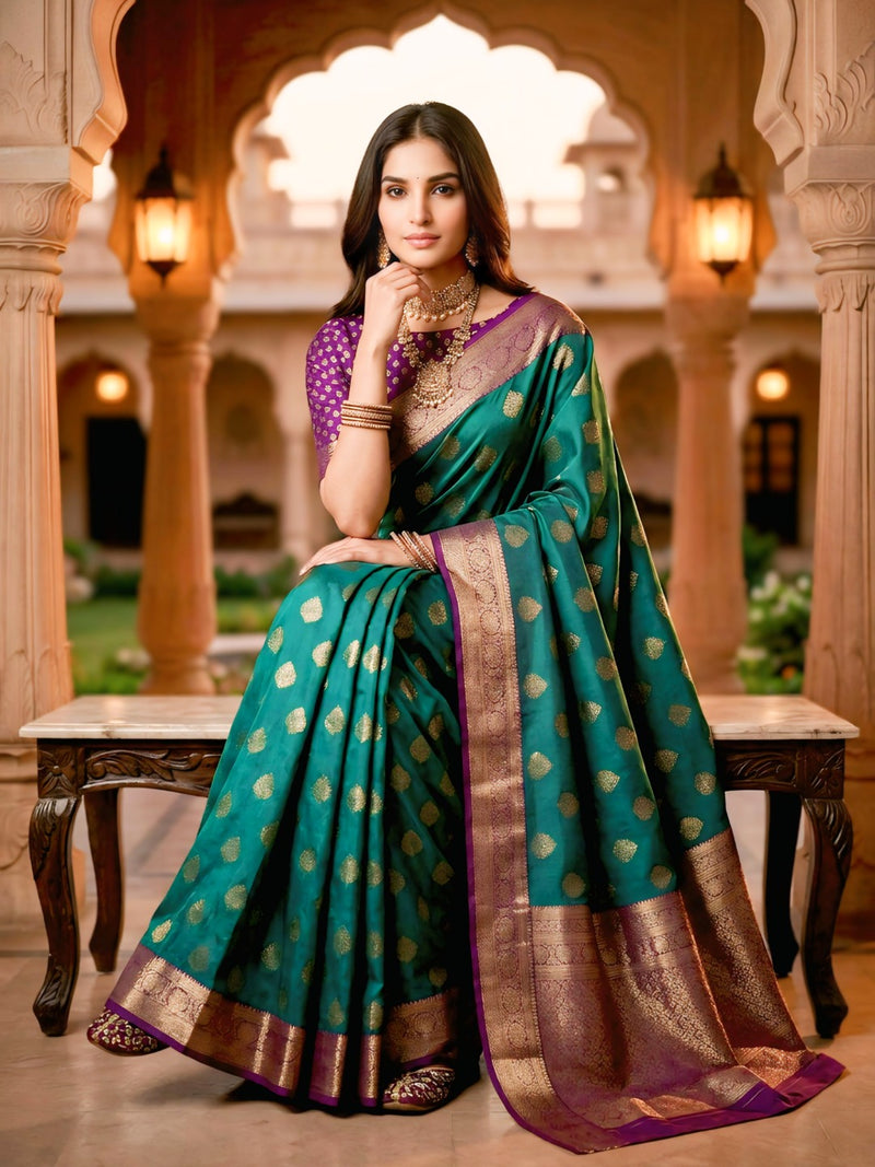 Emerald Green & Purple Jacquard Woven Saree with Gold Zari Motifs, Rich Border & Designer Pallu