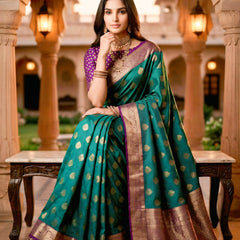 Emerald Green & Purple Jacquard Woven Saree with Gold Zari Motifs, Rich Border & Designer Pallu